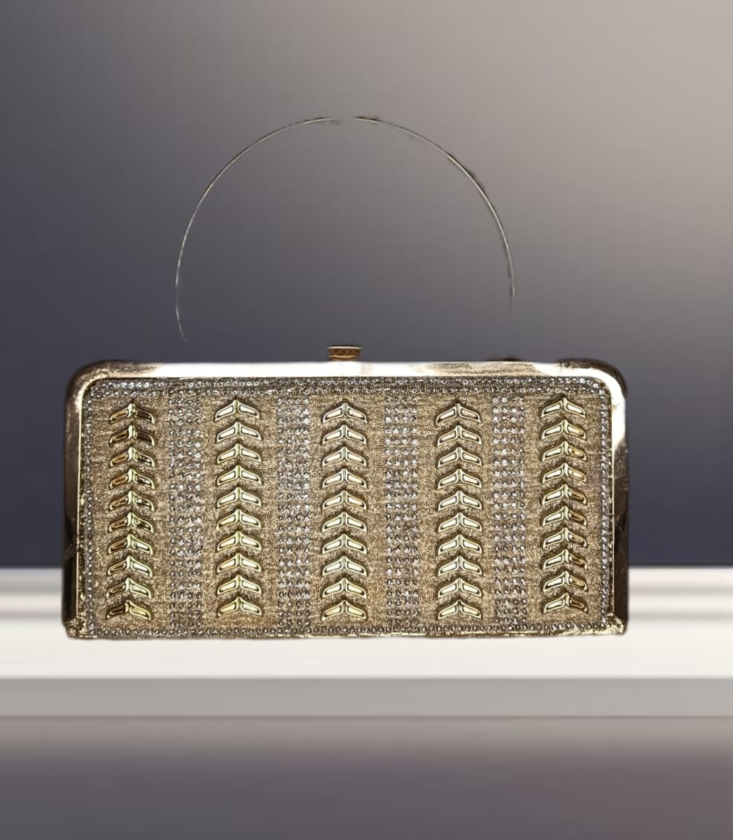 Elegant Gold Clutch with Leaf Pattern and Rhinestone Accents
