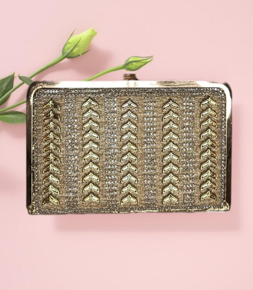 Elegant Gold Clutch with Leaf Pattern and Rhinestone Accents