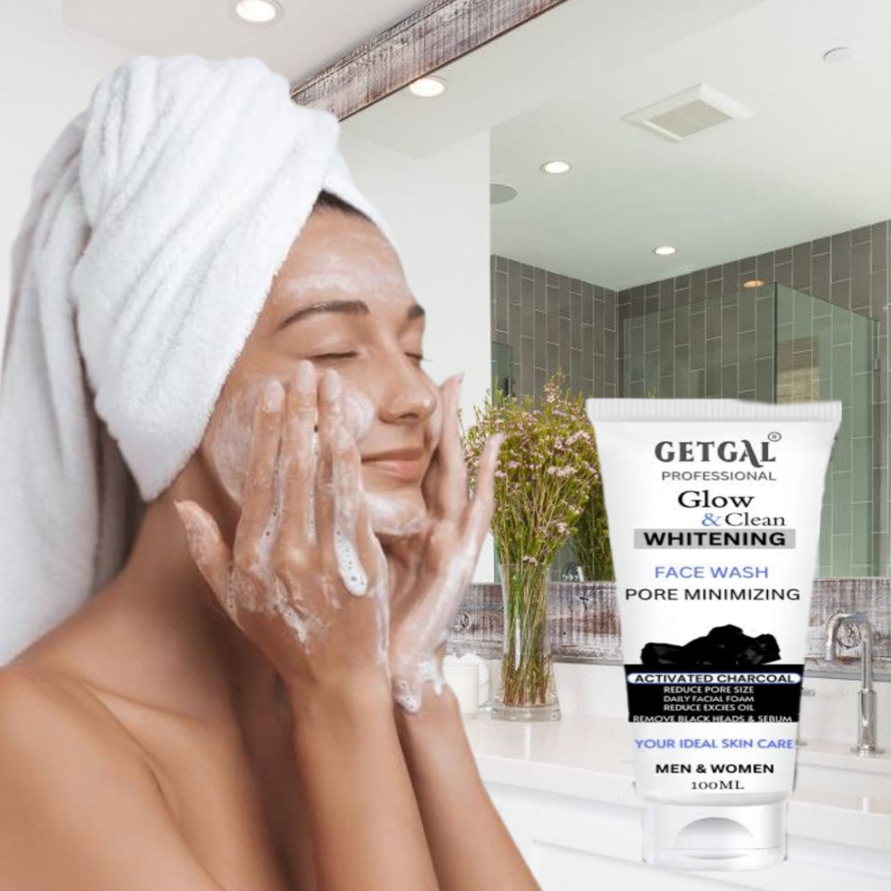GETGAL Professional Glow & Clean Whitening Face Wash with Activated Charcoal – Pore Minimizing (100ml)