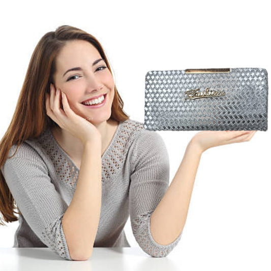 Stylish Silver Women’s Clutch with Golden Accent