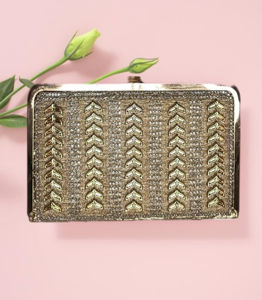 Elegant Gold Clutch with Leaf Pattern and Rhinestone Accents